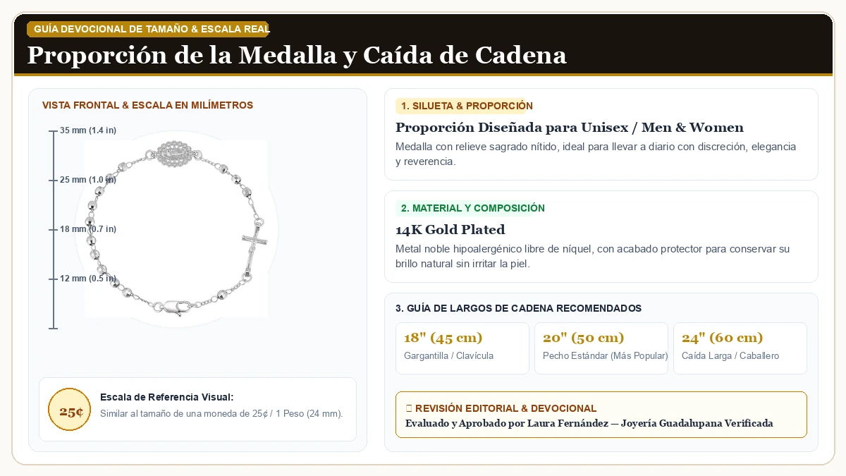 Infografía de escala y medidas en milímetros: Católico Crucifix Regalos Rosary Brazalete para Dama en Chapa de Oro de 14K de Alta Calidad con guía de tamaño y largo de cadena