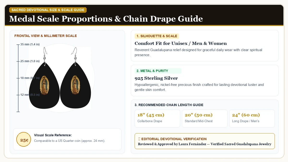 Size and millimeter scale measurement infographic: Our Lady Our Lady of Guadalupe Virgin Mary Leather Earring, Water in 925 Sterling Silver with chain drape guide