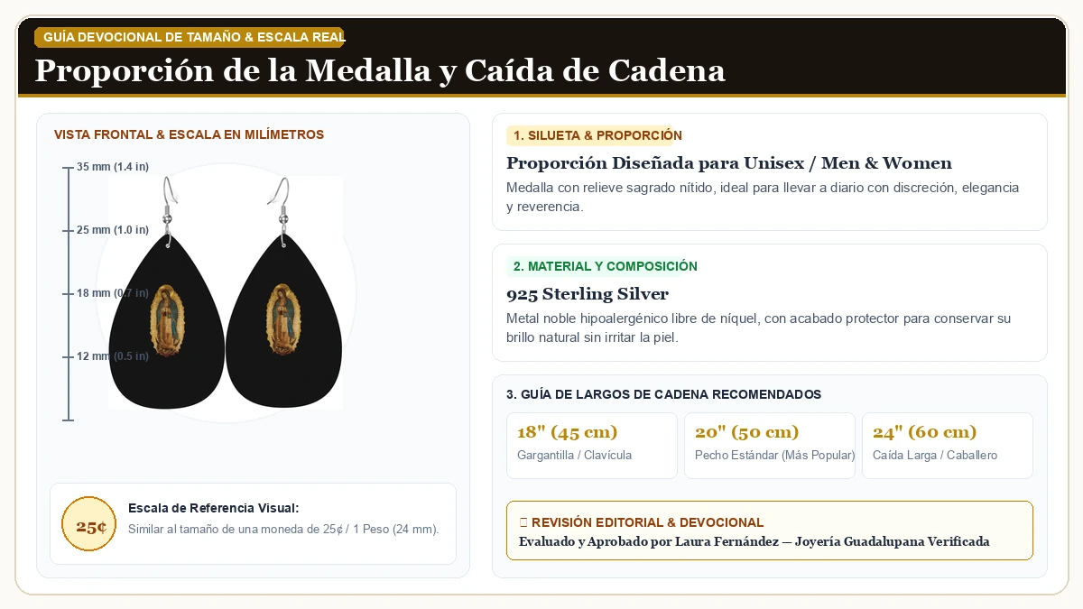 Infografía de escala y medidas en milímetros: Our Lady Virgen De Guadalupe Virgen María Leather Earring, Water  en Plata de Ley 925 Esterlina con guía de tamaño y largo de cadena