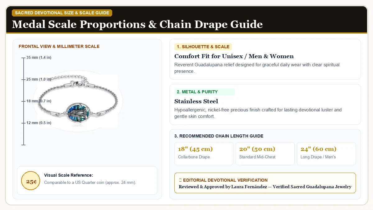 Size and millimeter scale measurement infographic: ONEFINITY Virgin Mary Bracelet Our Lady of Guadalupe Mother Mary  in 316L Stainless Steel with chain drape guide