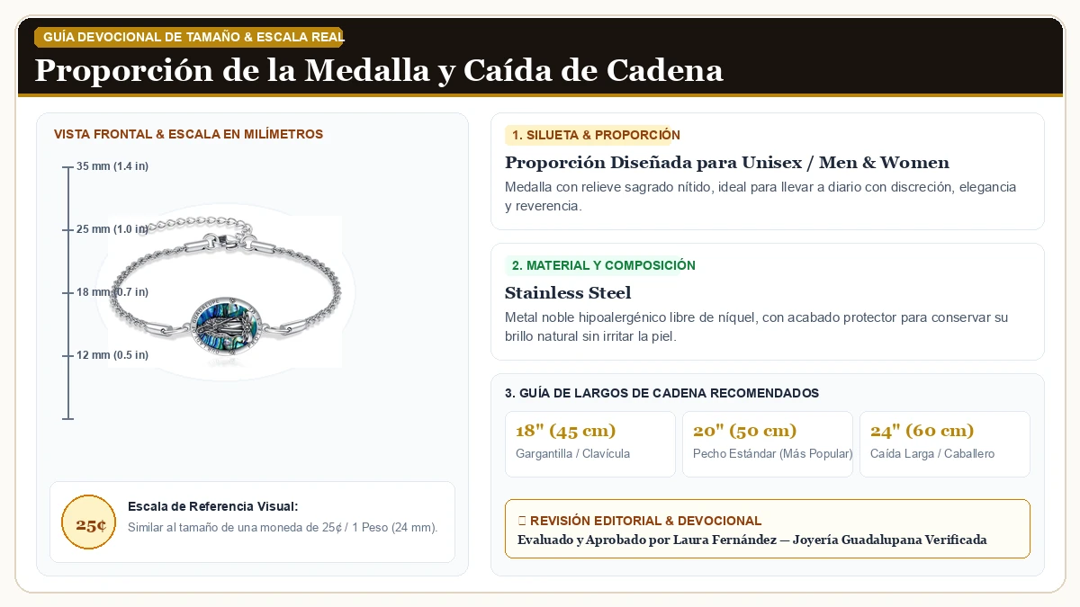 Infografía de escala y medidas en milímetros: ONEFINITY Virgen María Brazalete Virgen De Guadalupe Mother Mary  en Acero Quirúrgico Inoxidable 316L con guía de tamaño y largo de cadena