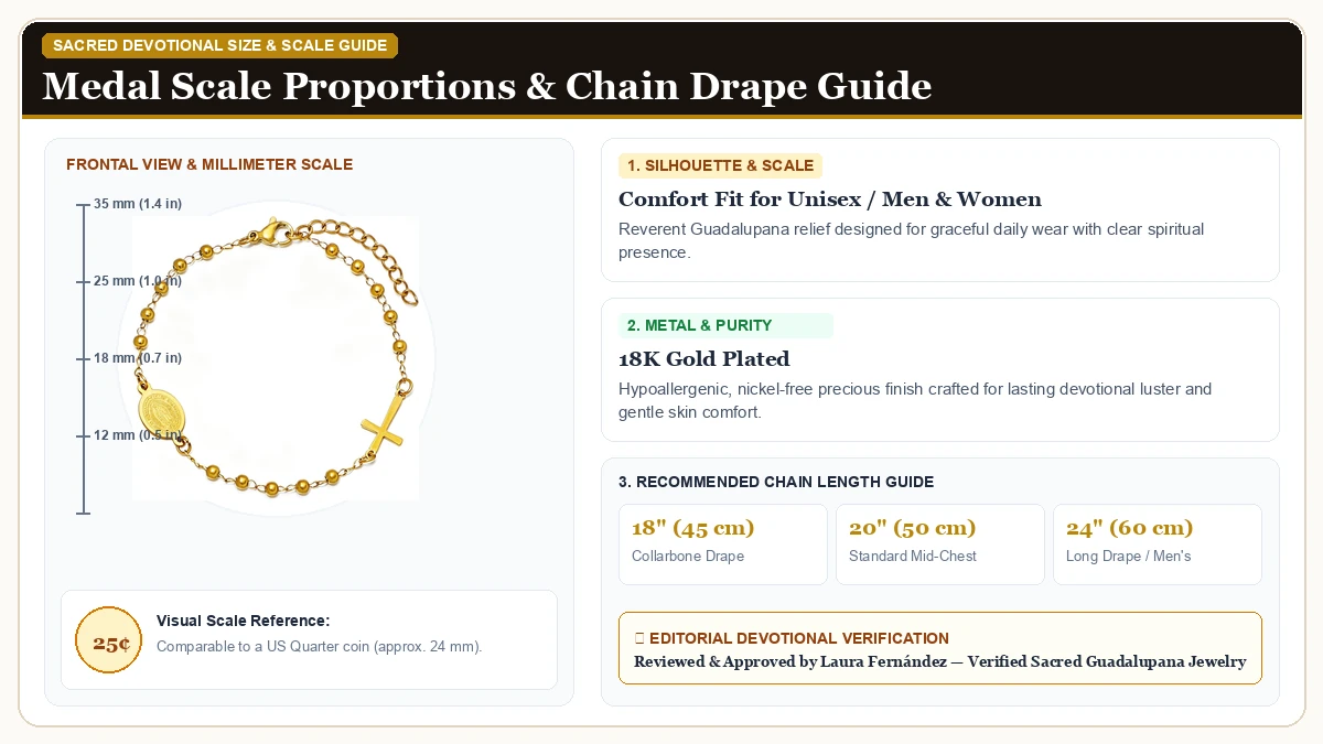Size and millimeter scale measurement infographic: KOMI Our Lady of Guadalupe Bracelet for Women 18K Gold Plated Cro in 18K Gold Plated with chain drape guide
