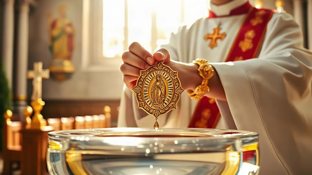 Bendición sacerdotal de una medalla de la Virgen de Guadalupe con agua bendita en iglesia