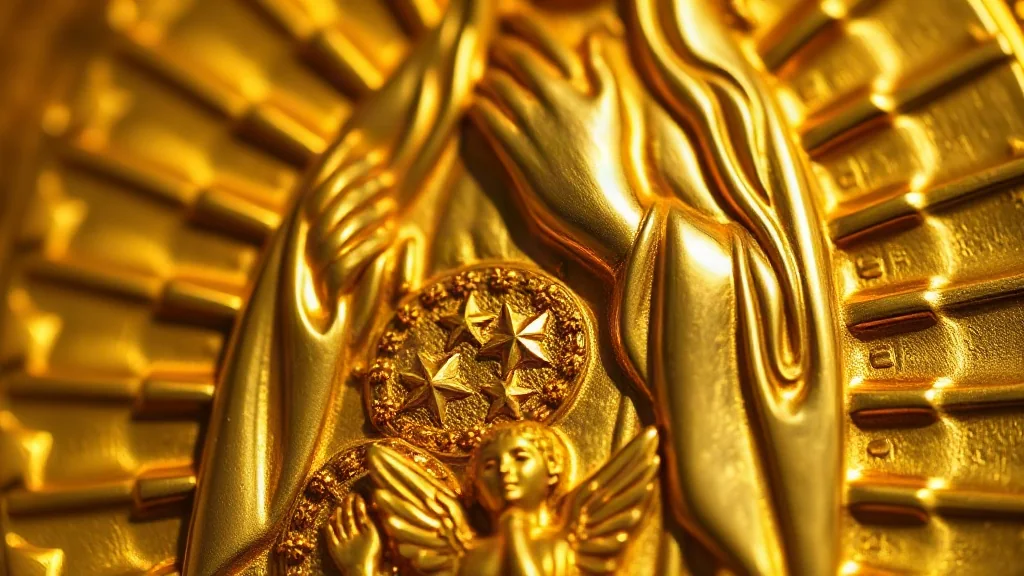 Detalle macro del grabado sagrado de la Virgen de Guadalupe en medalla de oro