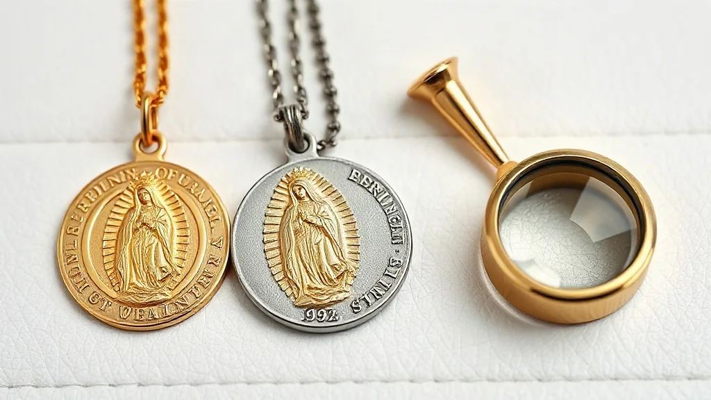 Comparativa de metales en medallas religiosas: Oro 14K, Plata 925 y Acero Quirúrgico con sellos oficiales